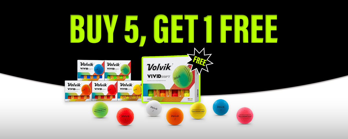 Promotional banner for Volvik VIVID Soft golf balls with a large neon green 'BUY 5, GET 1 FREE' offer on a black background, showing several colorful balls and product boxes.