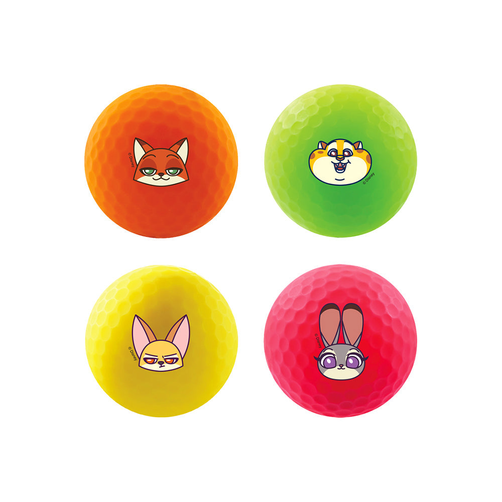 Four colorful Zootopia golf balls with animal characters' face designs on a white background