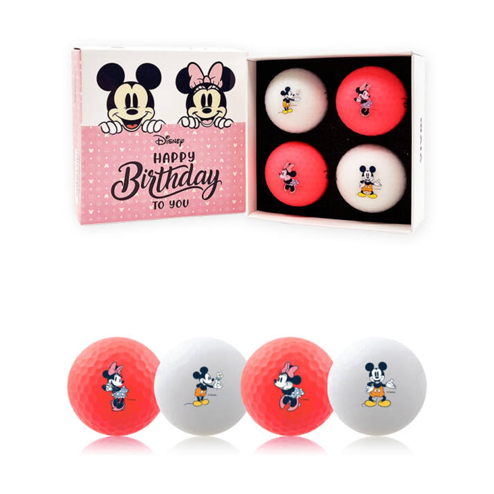 A set of golf balls with Mickey and Minnie Mouse designs in a box, along with two additional golf balls with 'Happy Birthday' and Disney branding on them, displayed on a yellow background with birthday decorations.