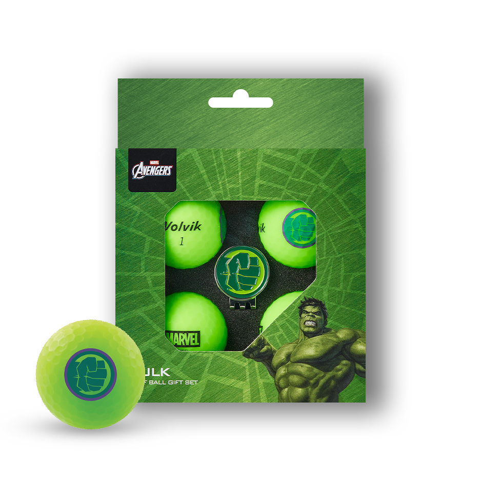 Marvel Avengers Hulk performance golf balls in a clear pack with one ball placed in front on a white background. The golf balls are bright neon yellow-green and feature varied black graphics.