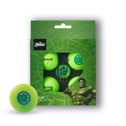 Marvel Avengers Hulk performance golf balls in a clear pack with one ball placed in front on a white background. The golf balls are bright neon yellow-green and feature varied black graphics.