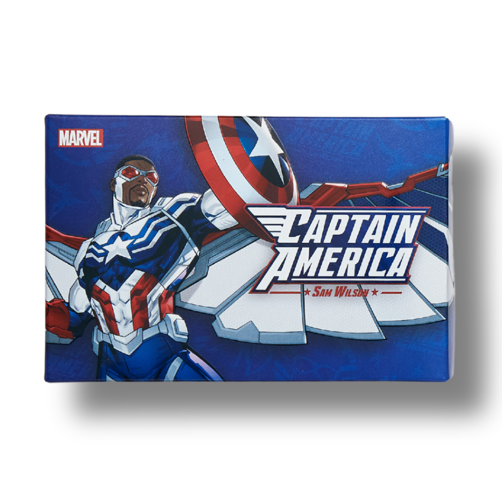 Canvas print of Captain America with Marvel logo on a blue background
