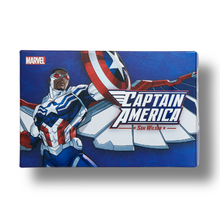 Canvas print of Captain America with Marvel logo on a blue background