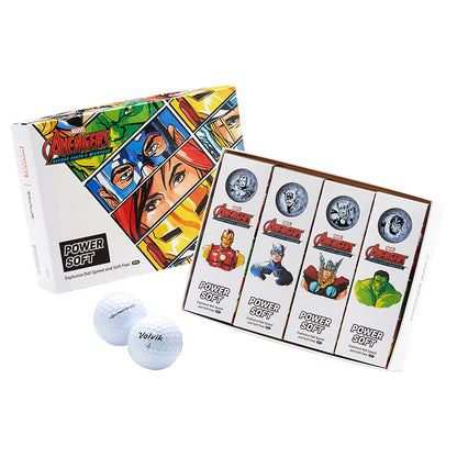 A set of golf balls with characters from Marvel's Avengers on the packaging, including Iron Man, Captain America, Thor, and Hulk.