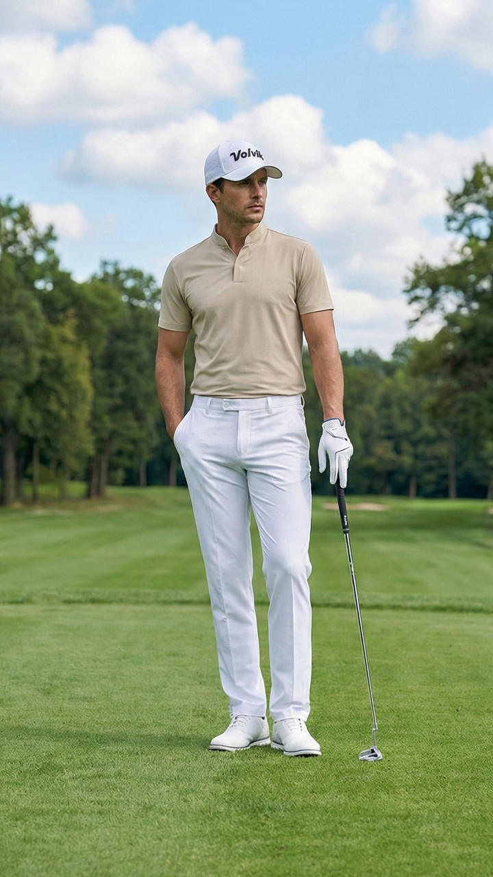 Man in golf attire and Volvik hat standing on a golf course holding a club