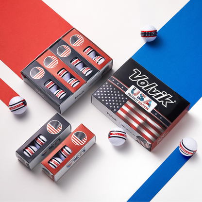 Volvik Patriot Edition golf ball packaging with American flag design on a colorful background